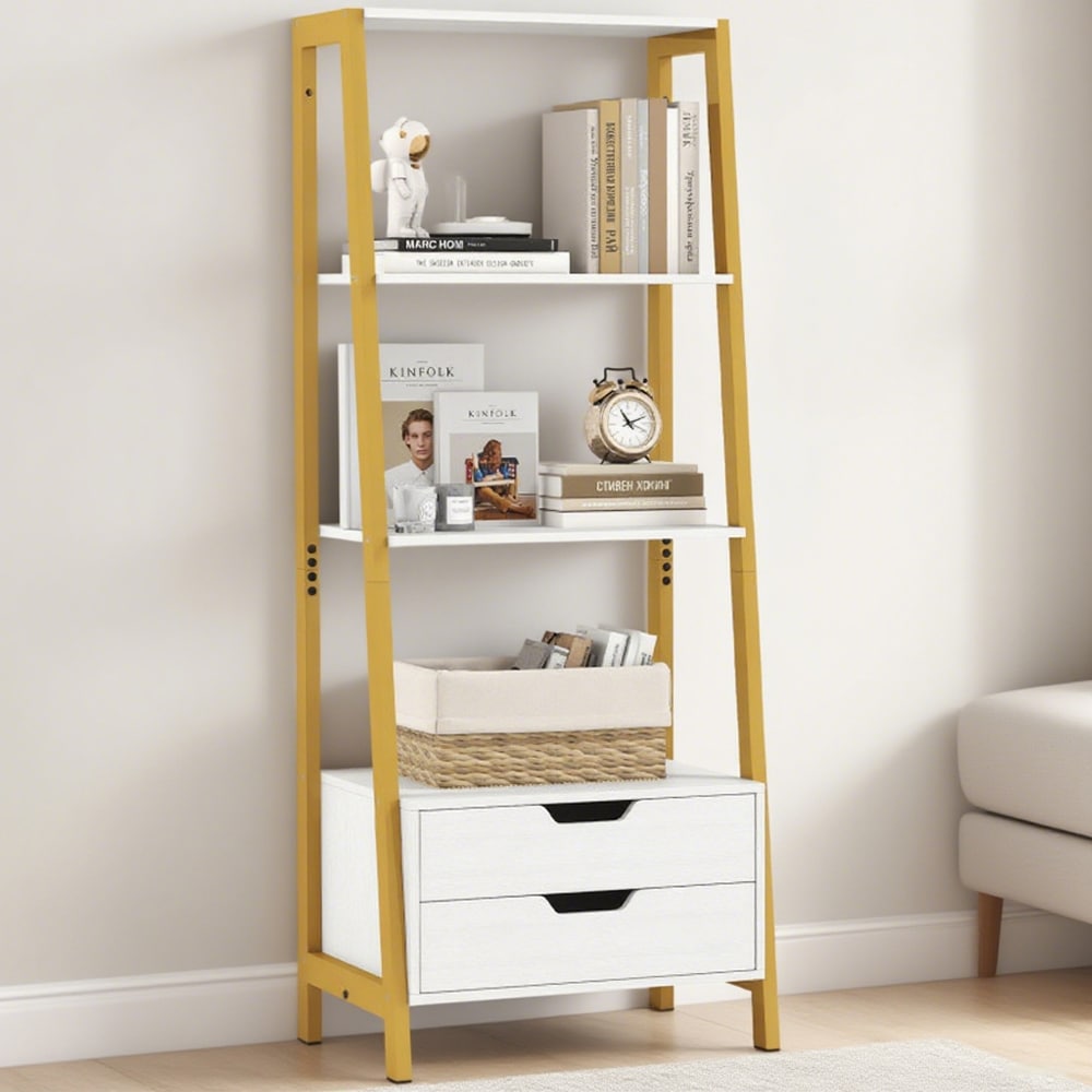 4-Tier Ladder Shelf With 2 Drawers 52.5 Inch Tall Freestanding Bookcase_maomaolike.com